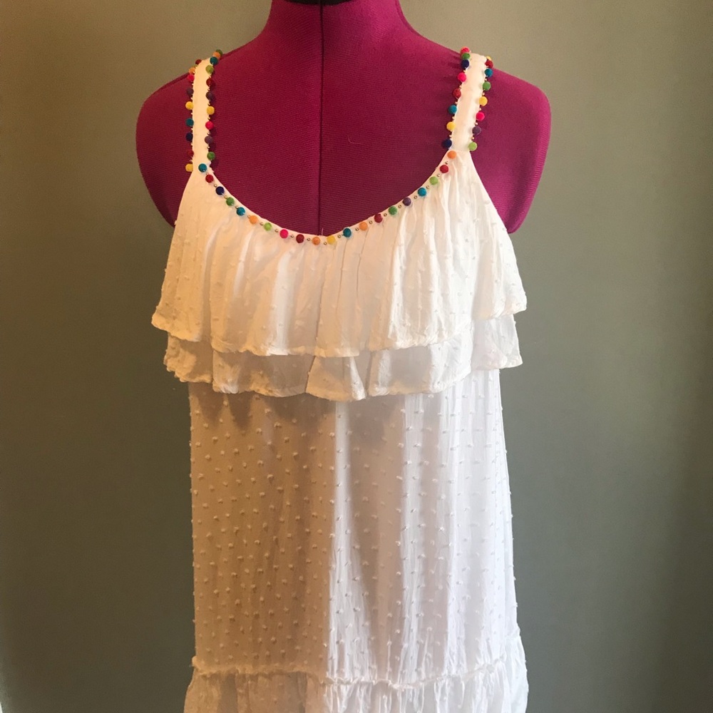 Honey Belle White Dress w/Multi-color Pom Detail S